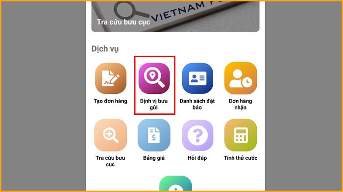 Chọn mục "Định vị bưu gửi"